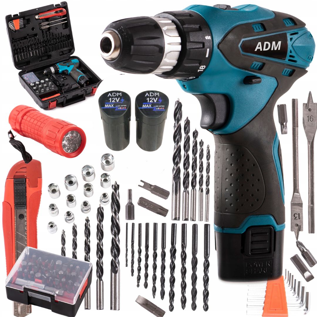 WIERTARKO-WKRĘTARKA ADM 12V + 2 AKUMULATORY - ZESTAW 77 ELEMENTÓW