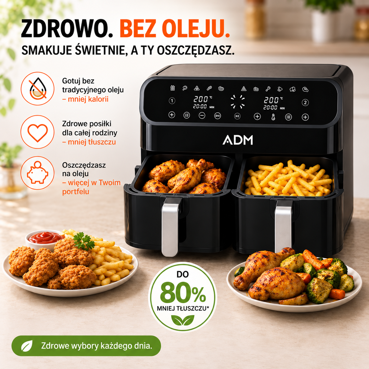 FRYTKOWNICA ADM BEZTŁUSZCZOWA, DOUBLE AIR FRYER - 2 KOSZE 8L