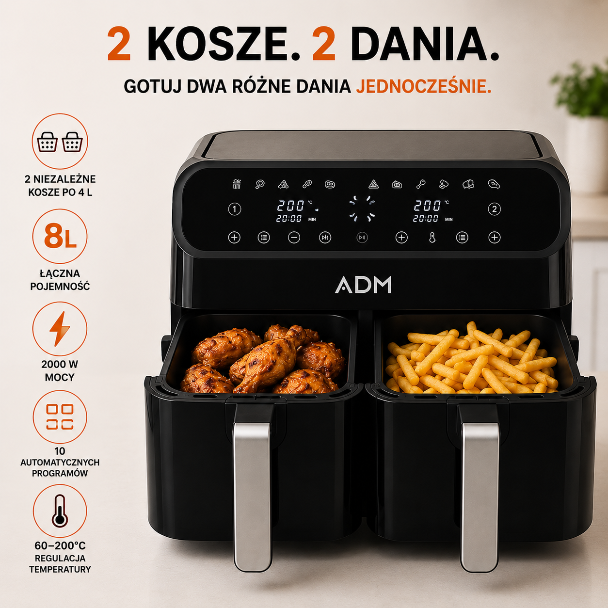 FRYTKOWNICA ADM BEZTŁUSZCZOWA, DOUBLE AIR FRYER - 2 KOSZE 8L