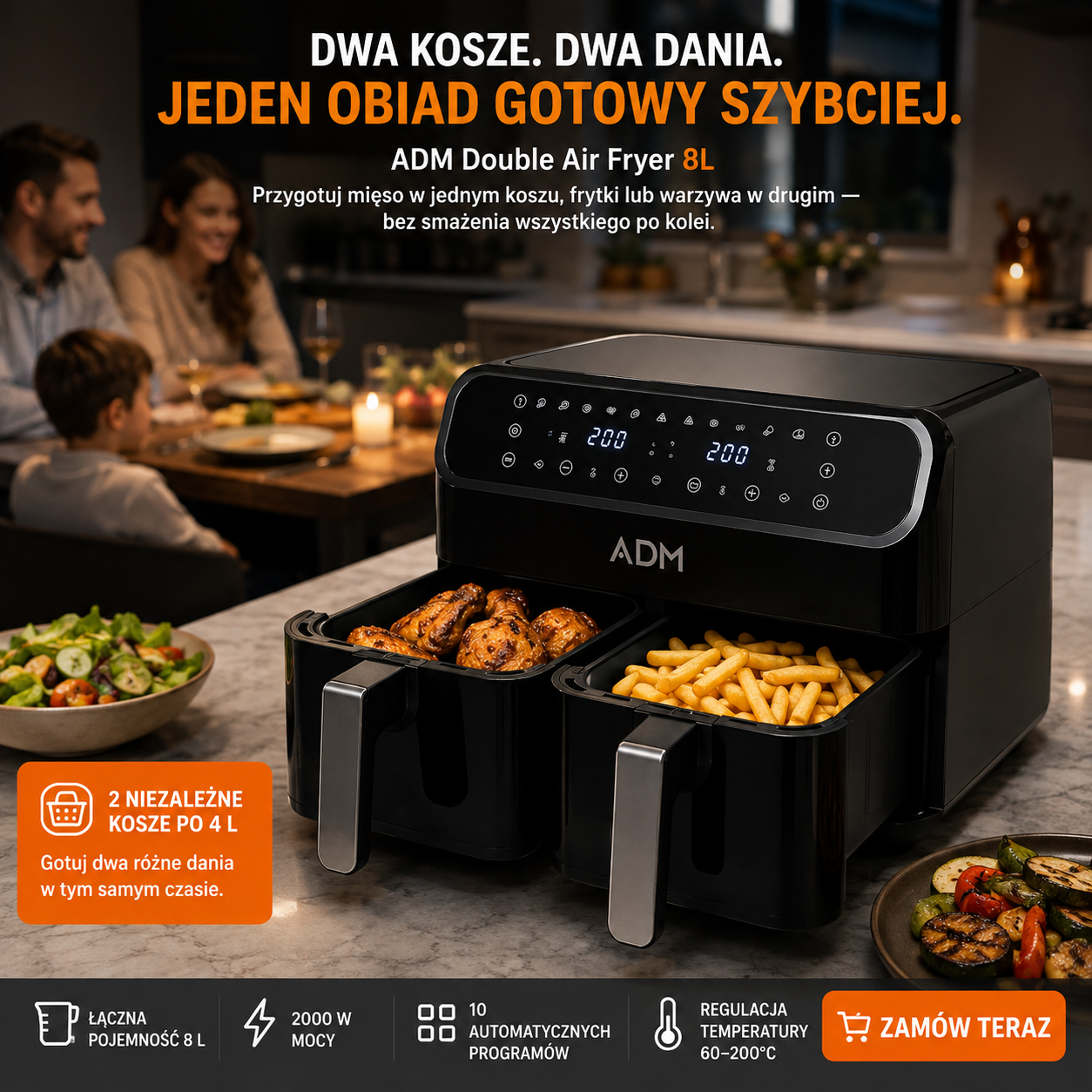 FRYTKOWNICA ADM BEZTŁUSZCZOWA, DOUBLE AIR FRYER - 2 KOSZE 8L