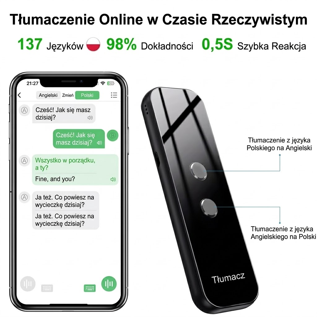 TŁUMACZ GŁOSOWY ADM 137 JĘZYKÓW REAL-TIME BT 4.2 + GŁOŚNIK 2w1