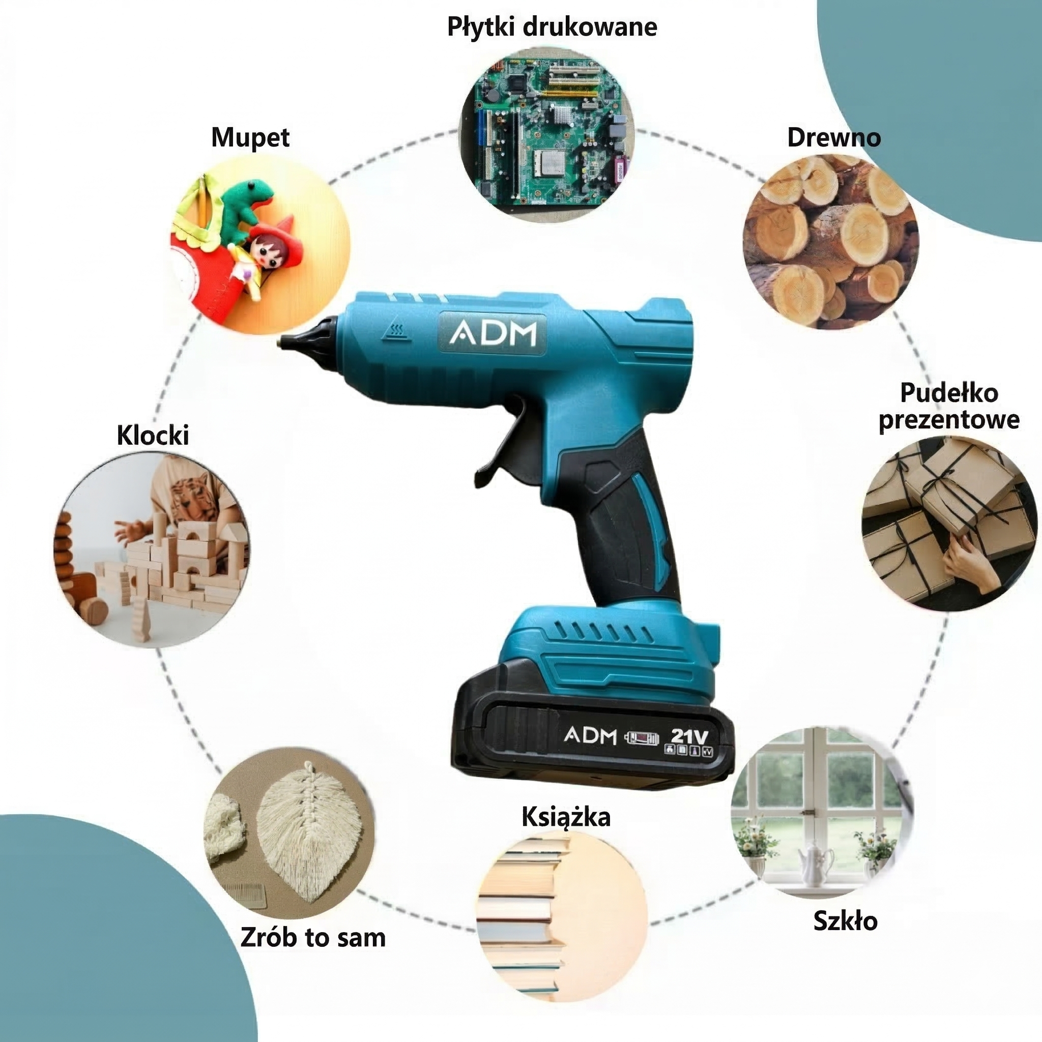 ADM BEZPRZEWODOWY PISTOLET DO KLEJU NA GORĄCO 21V + 1 AKUMULATOR 21V