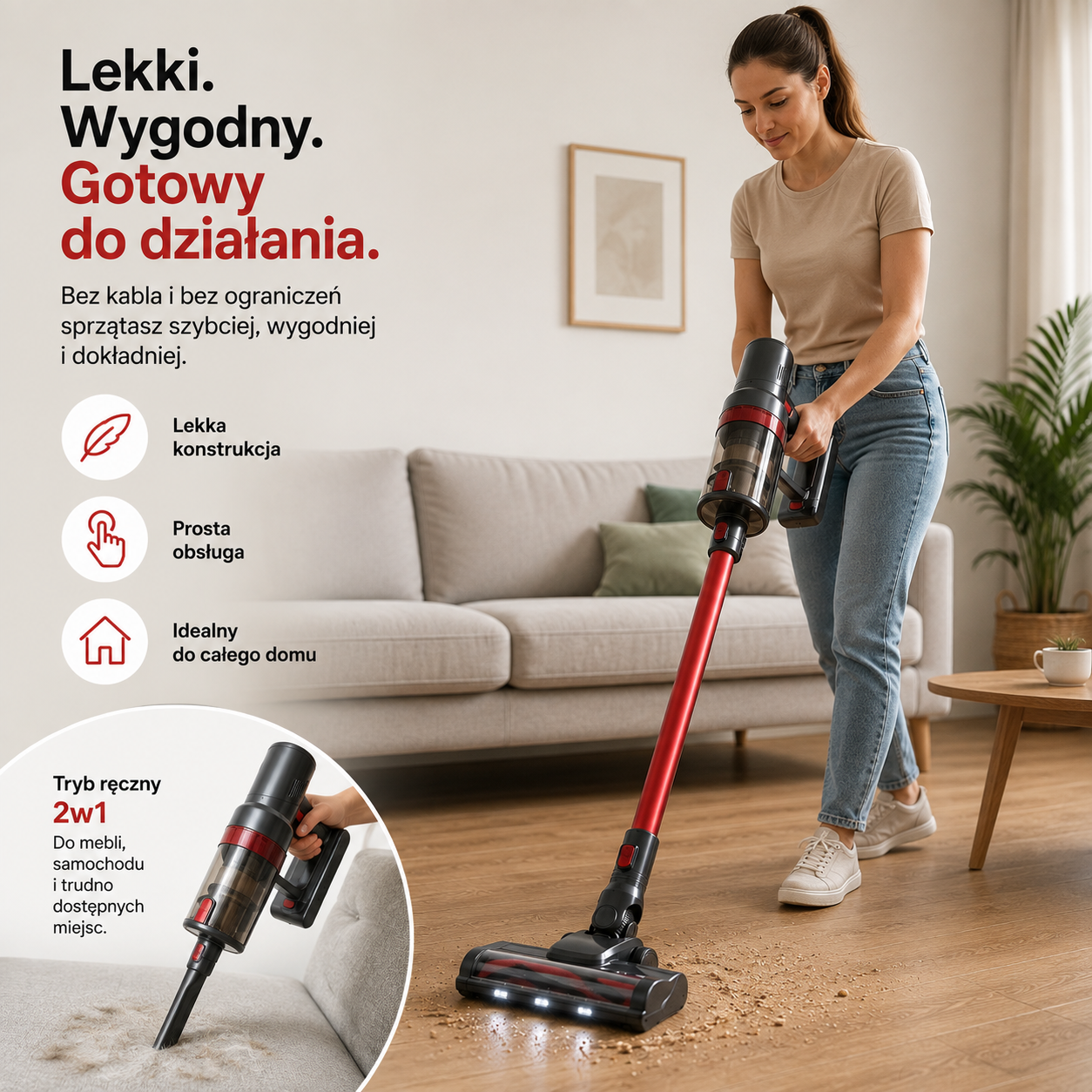 Odkurzacz Bezprzewodowy ADM 250W 2w1 – Pionowy i Ręczny, HEPA, 0,8L