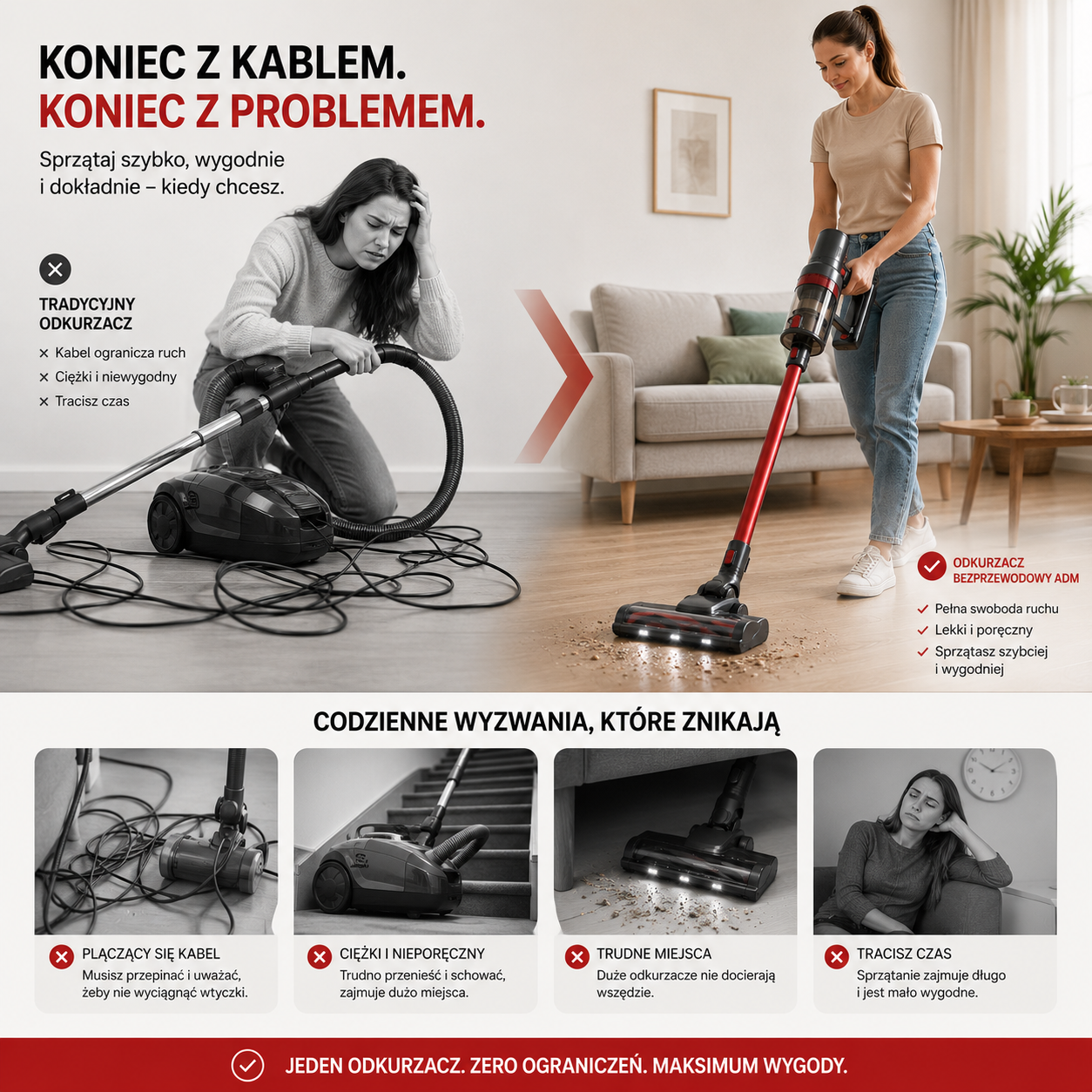 Odkurzacz Bezprzewodowy ADM 250W 2w1 – Pionowy i Ręczny, HEPA, 0,8L