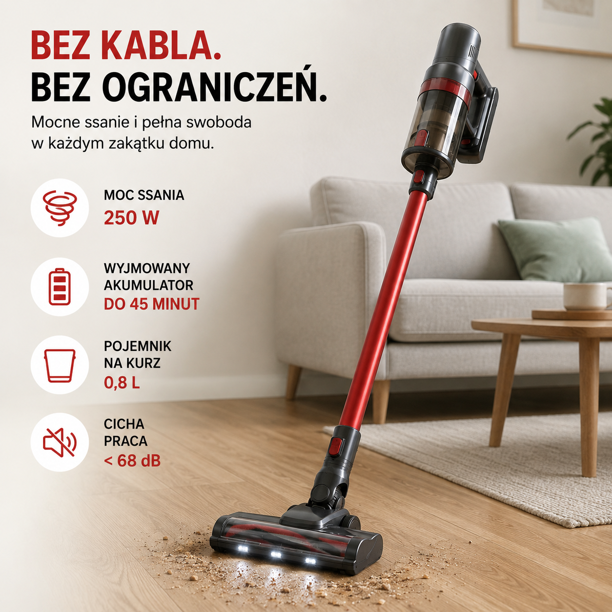 Odkurzacz Bezprzewodowy ADM 250W 2w1 – Pionowy i Ręczny, HEPA, 0,8L