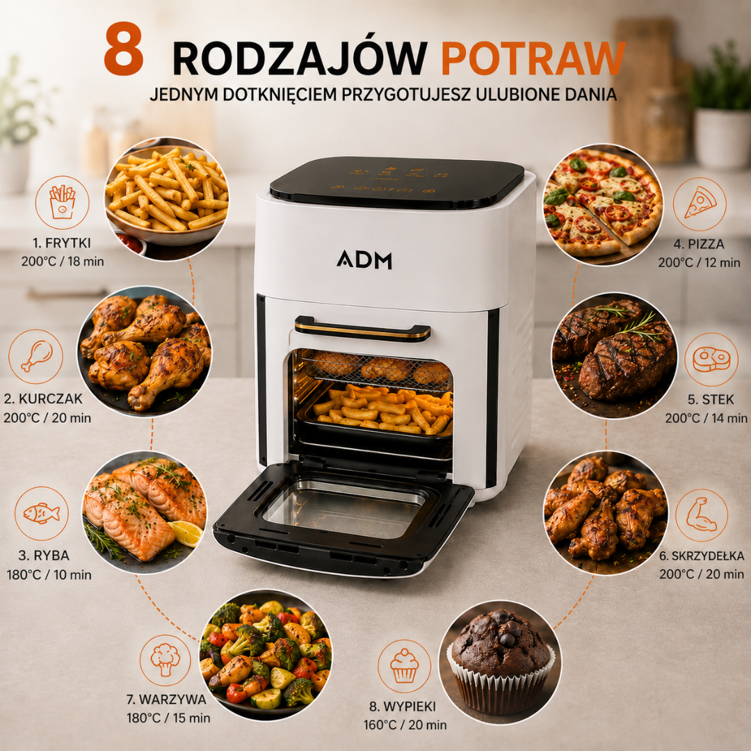 Air Fryer 15L z Piekarnikiem ADM 1400W – Frytkownica Beztłuszczowa 8 Programów
