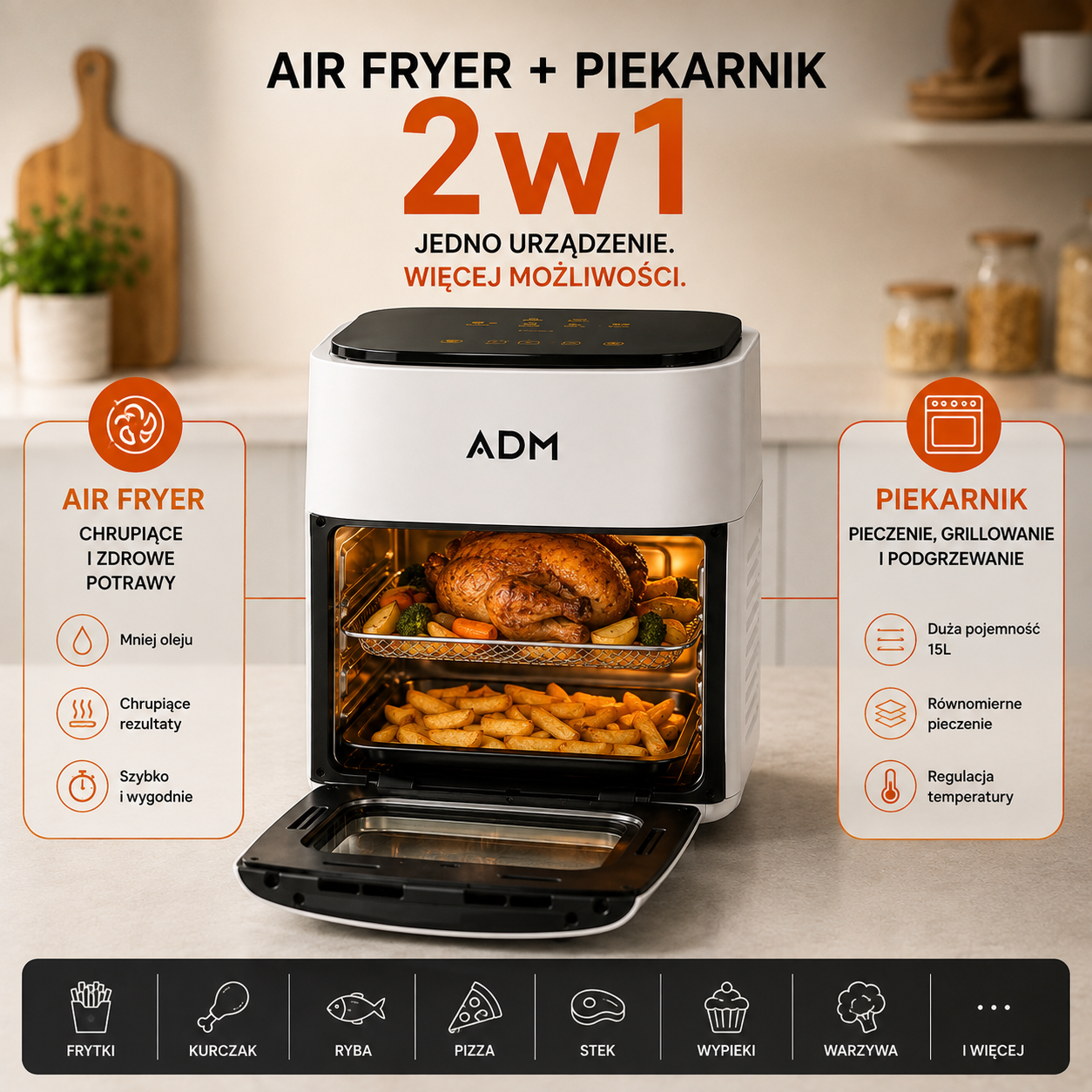 Air Fryer 15L z Piekarnikiem ADM 1400W – Frytkownica Beztłuszczowa 8 Programów