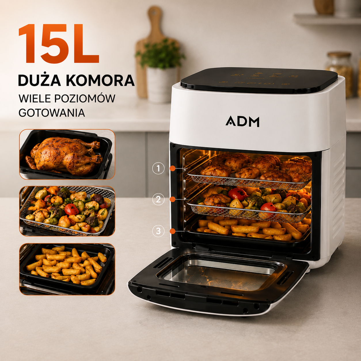 Air Fryer 15L z Piekarnikiem ADM 1400W – Frytkownica Beztłuszczowa 8 Programów