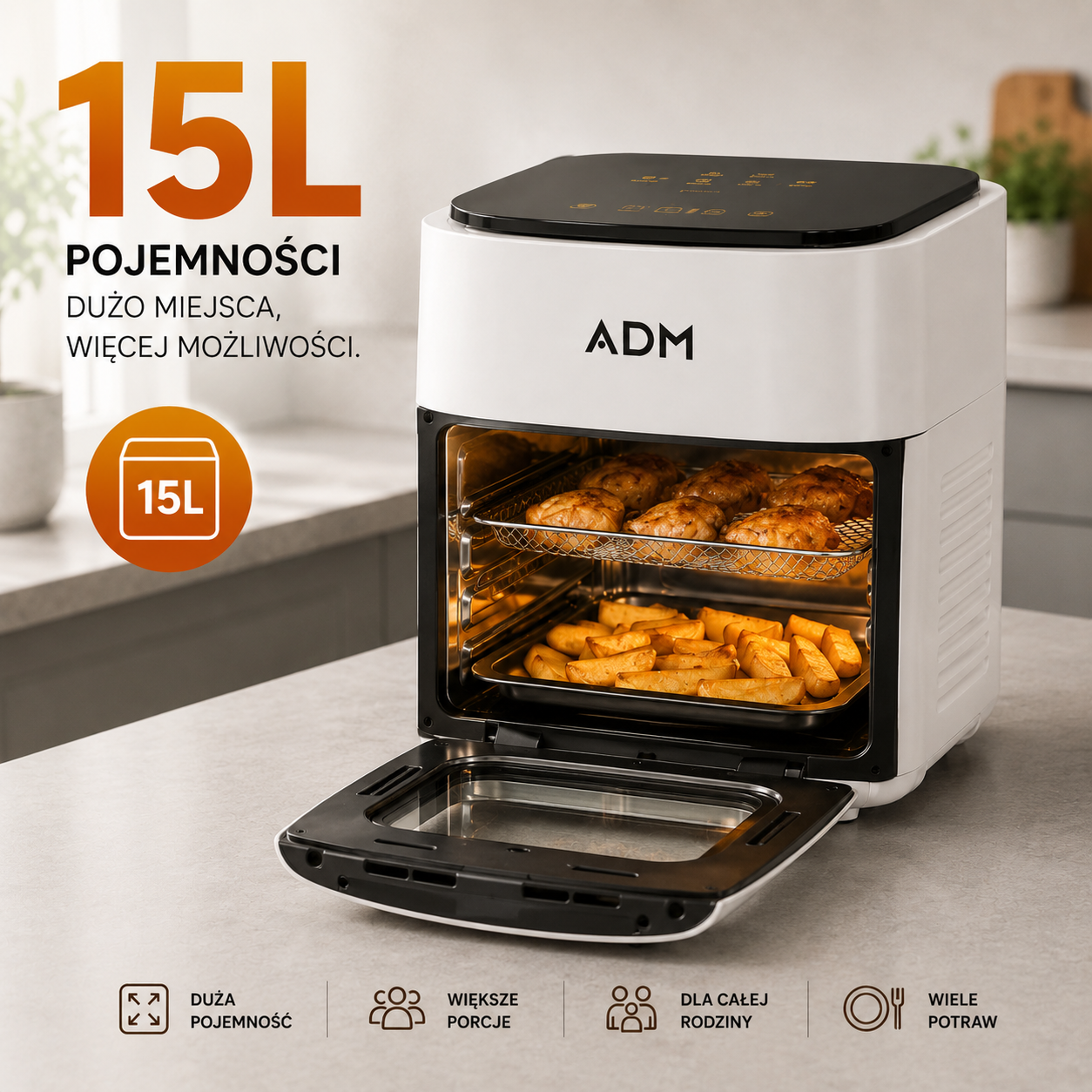 Air Fryer 15L z Piekarnikiem ADM 1400W – Frytkownica Beztłuszczowa 8 Programów