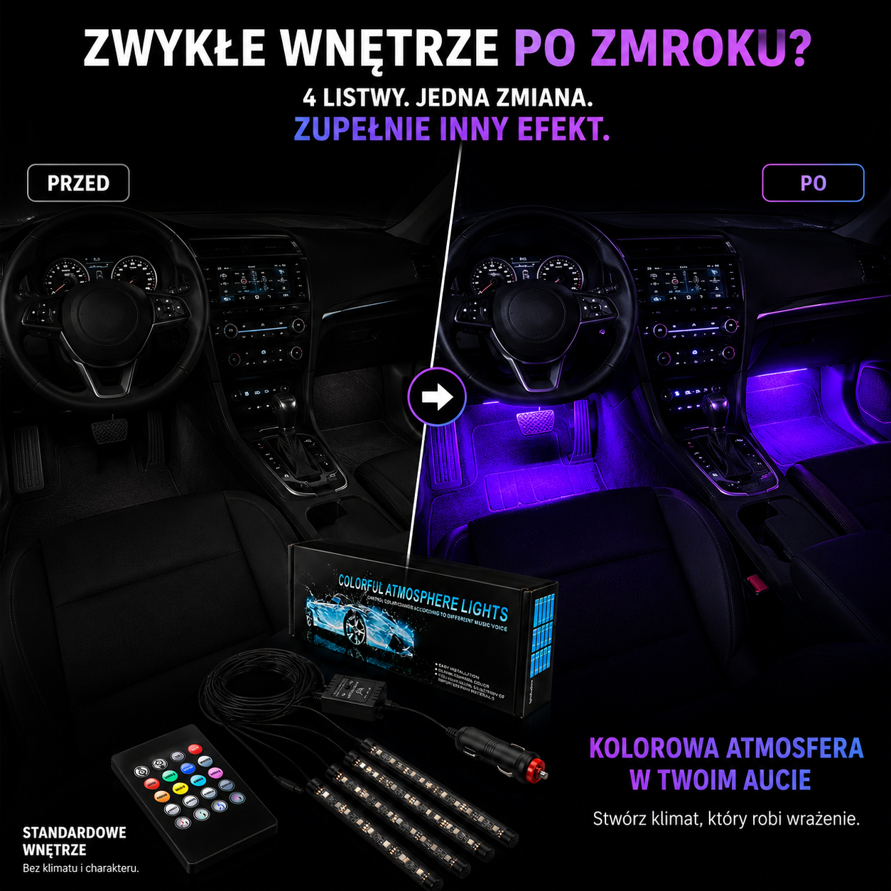 Oświetlenie LED do Samochodu 12V – 4 Listwy, 48 LED, Pilot, 8 Kolorów, Tryb Muzyki