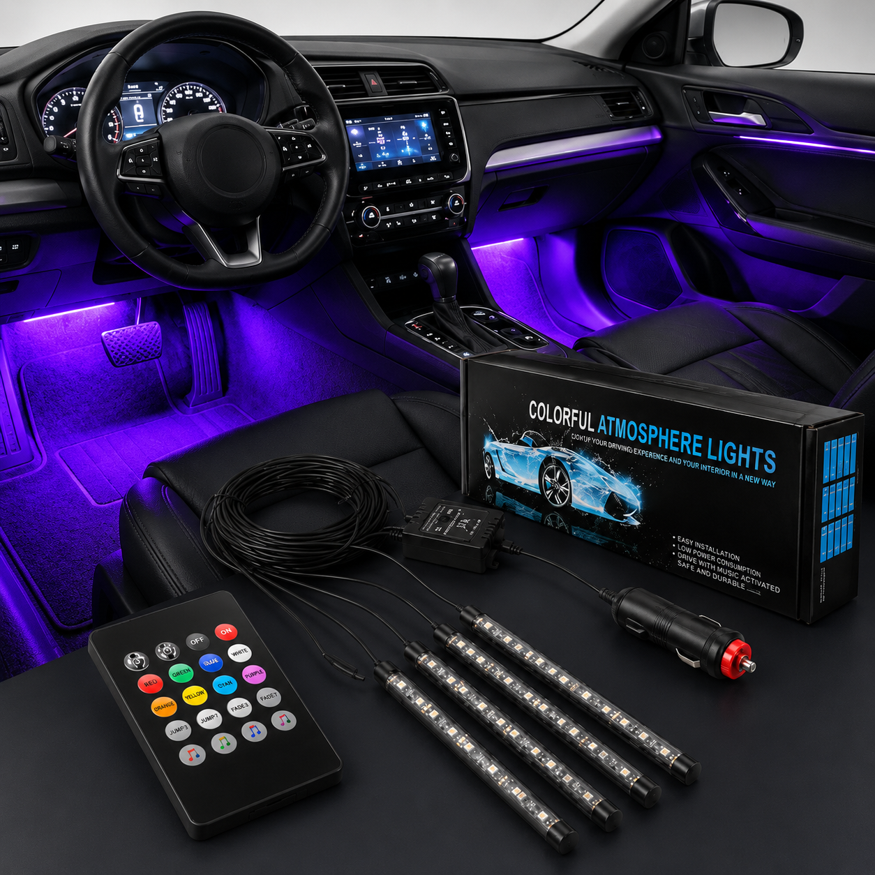 Oświetlenie LED do Samochodu 12V – 4 Listwy, 48 LED, Pilot, 8 Kolorów, Tryb Muzyki
