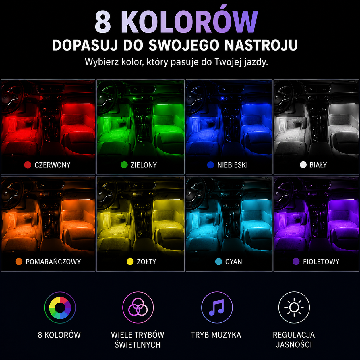 Oświetlenie LED do Samochodu 12V – 4 Listwy, 48 LED, Pilot, 8 Kolorów, Tryb Muzyki