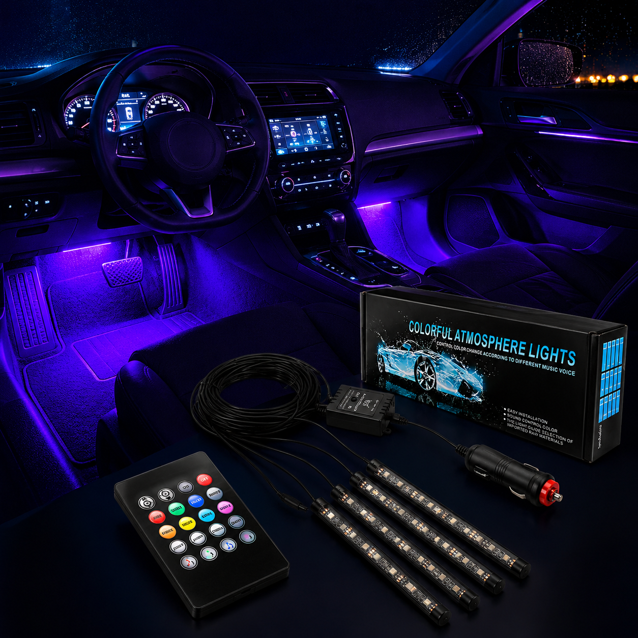Oświetlenie LED do Samochodu 12V – 4 Listwy, 48 LED, Pilot, 8 Kolorów, Tryb Muzyki