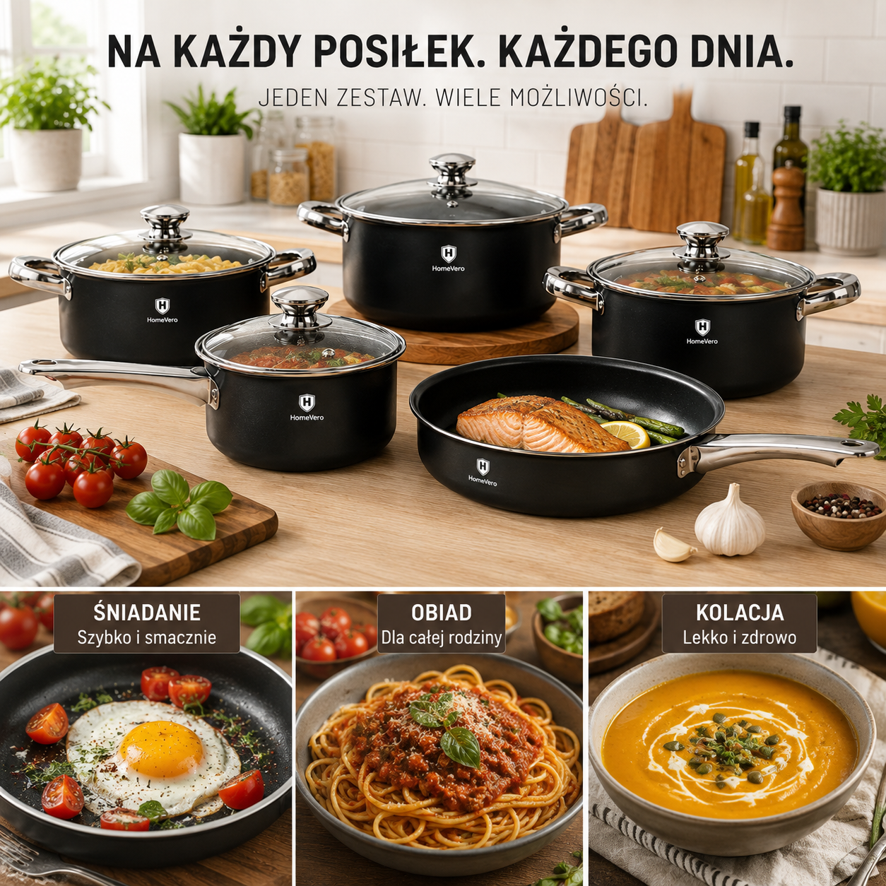 Zestaw Garnków HomeVero 9 Elementów z Powłoką Nieprzywierającą i Szklanymi Pokrywkami