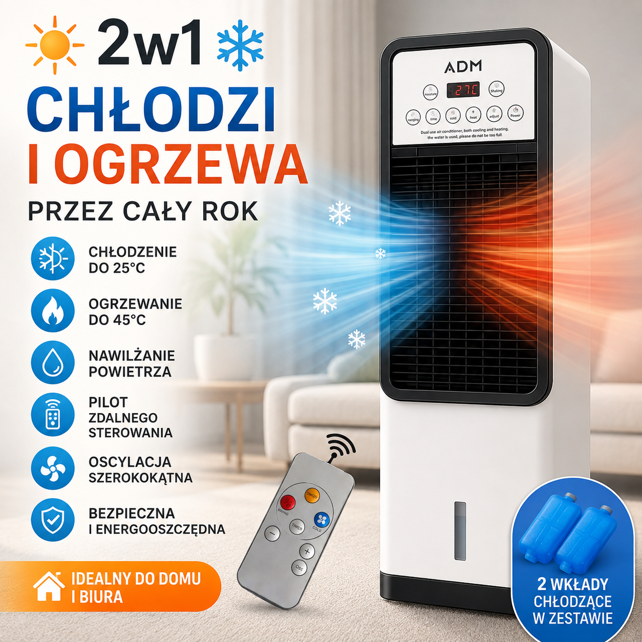 Klimator Przenośny 2w1 ADM Cool&Heat – Chłodzi, Ogrzewa i Nawilża Powietrze | Pilot | 1800 W