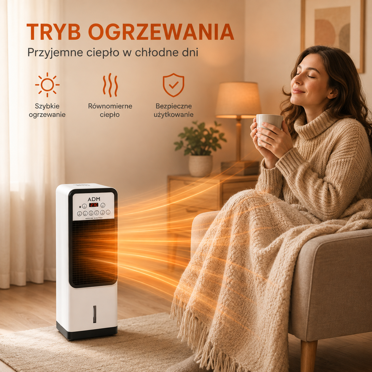 Klimator Przenośny 2w1 ADM Cool&Heat – Chłodzi, Ogrzewa i Nawilża Powietrze | Pilot | 1800 W