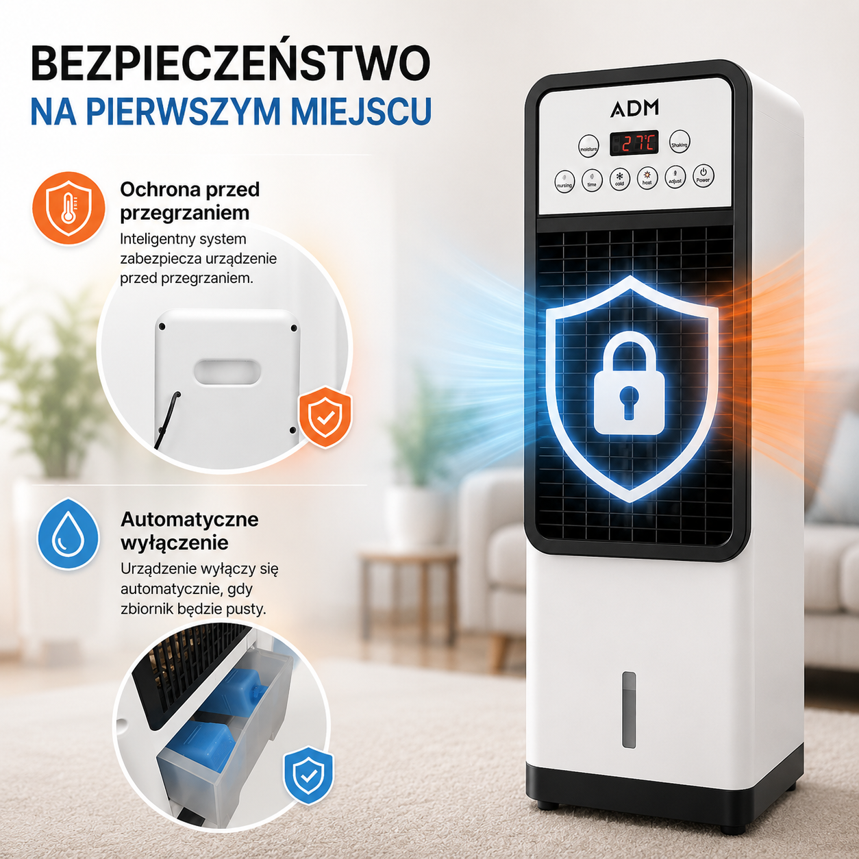 Klimator Przenośny 2w1 ADM Cool&Heat – Chłodzi, Ogrzewa i Nawilża Powietrze | Pilot | 1800 W