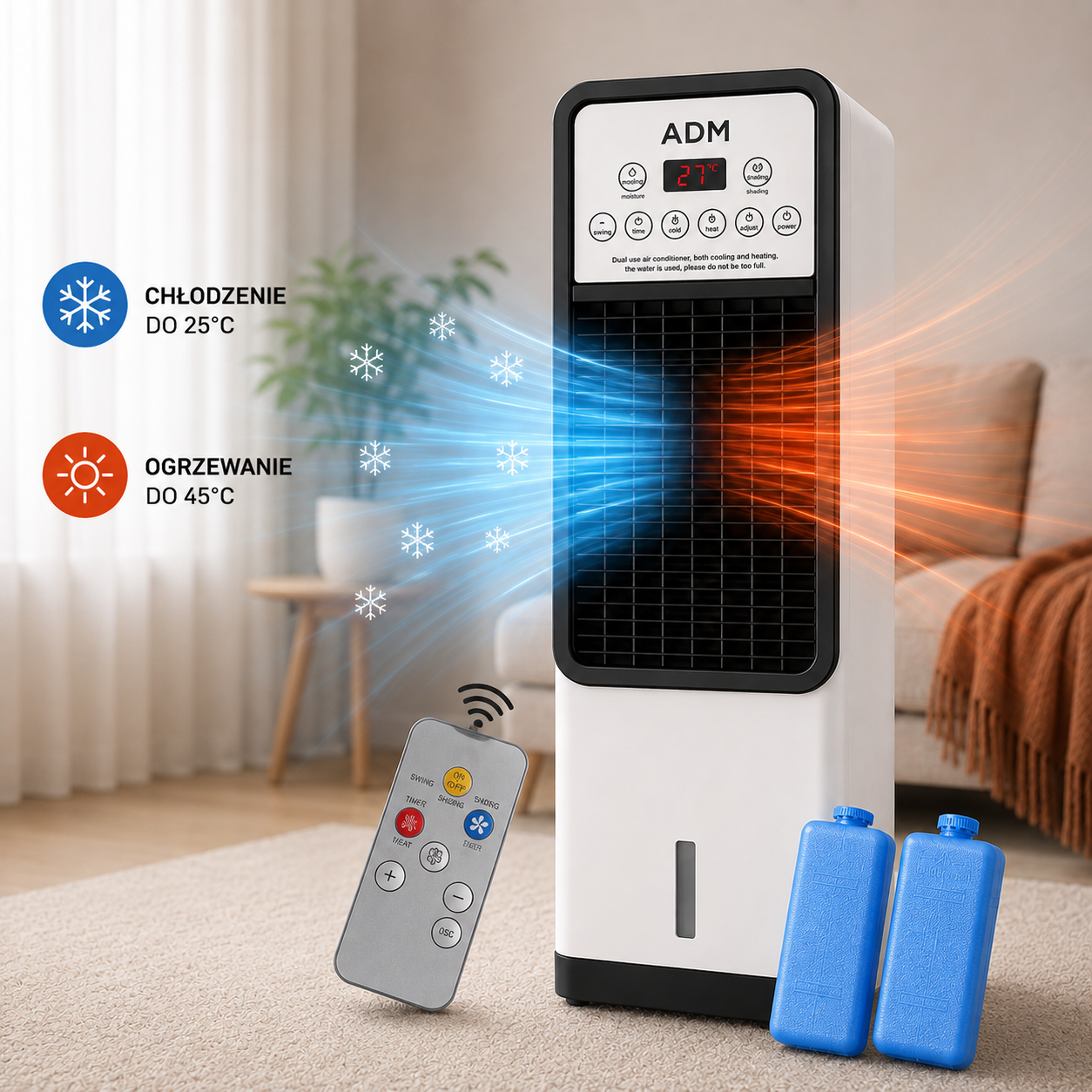 Klimator Przenośny 2w1 ADM Cool&Heat – Chłodzi, Ogrzewa i Nawilża Powietrze | Pilot | 1800 W