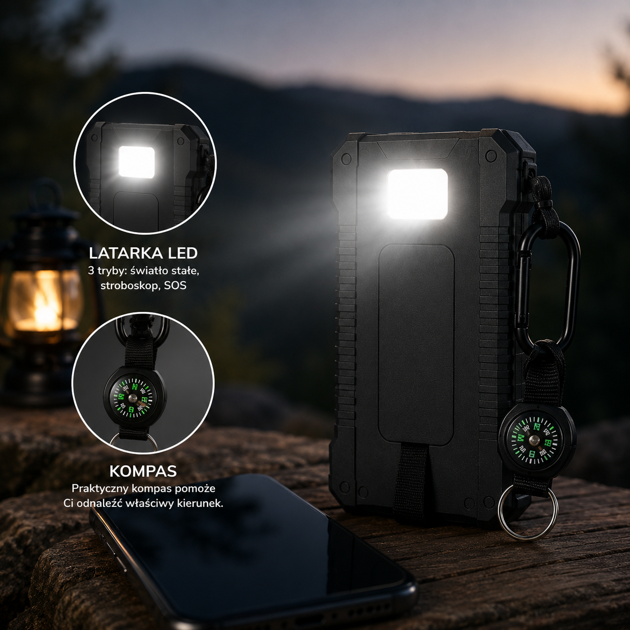 Powerbank Solarny 8000 mAh z Latarką LED i Kompasem – 2× USB