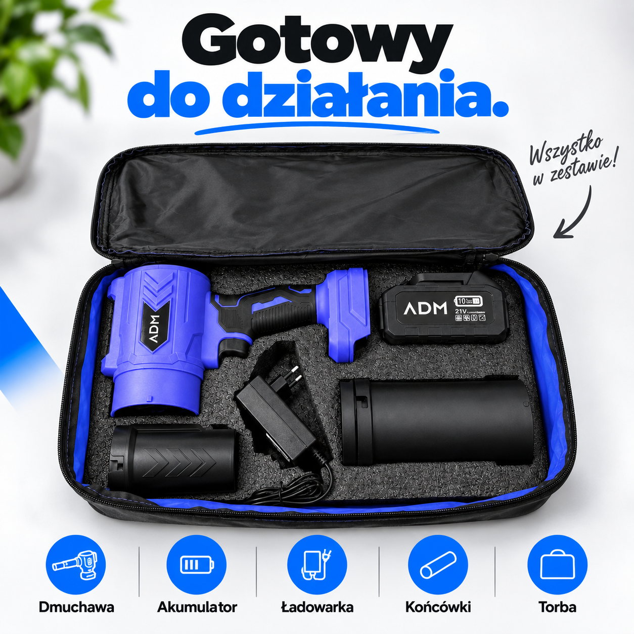 Dmuchawa Akumulatorowa do Liści ADM 21 V 400 W – Bezprzewodowa, 32 000 obr./min